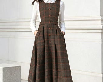 Wool Plaid Button-Up A-Line Midi Dress: Chic Fall Winter Dress, Custom, Ylistyle C5608