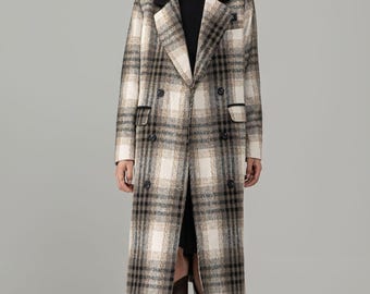 Plaid Wool Blend Casual Coat With Fold-Over Collar Below Knee, Double-breasted Wool Coat, Custom Coat, Ylistyle C5686
