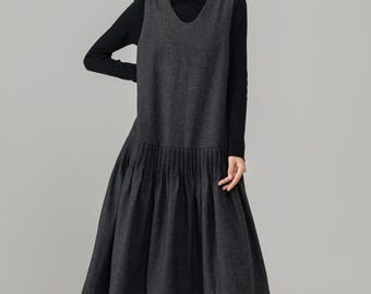 Gray Wool Blend Sleeveless V-Neck Dress with Slight A-Line Hem, Oversized Wool Dress, Ylistyle C5690