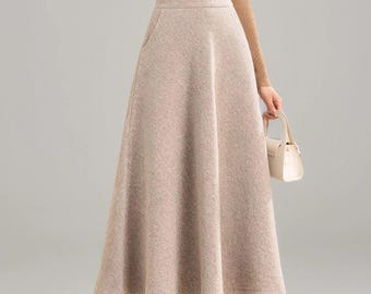 A-Line Midi Wool Skirt, Beige Long Wool Skirt, Wool Skirt Women, High Waisted Wool Skirt, Winter Wool Skirt With Pockets, Ylistyle C3556#