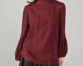 Burgundy Linen Top with Stand Collar and Lantern Sleeves Straight Silhouette, Custom Shirt, Ylistyle C5687