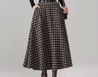 Vintage Multicolor Plaid Wool Blend A-Line Mid-Calf Skirt Back Elastic Waist, Custom Skirt, Ylistyle C5684