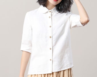 Wit linnen damesshirt, linnen shirt met halve mouw, wit damesshirt, zomerlinnen shirt, casual linnen tops, custom tops, Ylistyle C3280