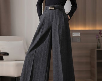 Pantalon en laine grise, pantalon plissé à jambe large pour femme, pantalon long lâche plissé, pantalon palazzo en laine pour femme, pantalon personnalisé, Ylistyle C3143 #