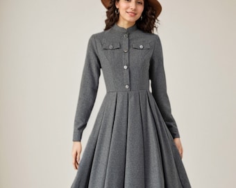Vestido de lana gris, vestido plisado, vestido con vuelo, vestido con bolsillos, vestido de lana para mujer, vestidos de otoño, vestido de talla grande, Ylistyle C3611
