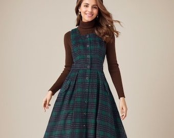 Abito in lana con grembiule, abito in lana scozzese, abito invernale in lana, abito midi in lana, abito svasato, abiti da donna, abito fatto a mano C3683
