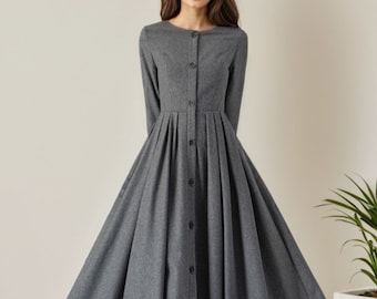 Midi Dress Women, Button Front Dress, Gray Dress, Wool Dress Women, Pleated Dress, Winter Dresses, Handmade Dress, Ylistyle C3614