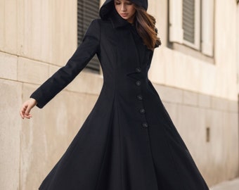 Black Wool Coat, Long Wool Coat, Hooded Wool Coat, Trench Black Wool Coat, Long Wool Coat, Hooded Wool Coat, Trench