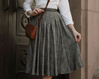 Grey Linen Midi Skirt, Pleated Linen Skirt, Women's Circle Skirts, Vintage Inspired Linen Skirt with Pockets, Casual Skirt, Ylistyle C3941