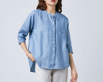 Linen Shirt, Blue Linen Shirt women, Half sleeves shirt, Oversized shirt, Button front shirt, Linen work shirt, Custom Shirt, Ylistyle C1671
