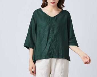 Linen Blouse, Green Blouse women, Summer classic blouse, Loose tops women, V-neck blouse, Vintage blouse, custon blouse, Ylistyle C1701