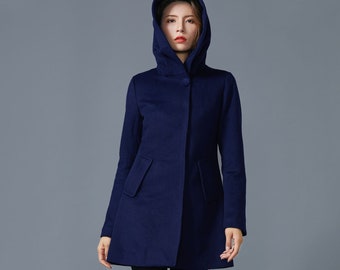 Navy blue coat, midi wool coat, coat with pockets, womens coat, wool coat with hood, handmade coat, winter coat C1600