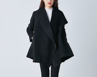 Black wrap coat, wool wrap coat, plus size coat, black wool jacket, black overcoat, oversized collar jacket, hipster jacket, Ylistyle C1687