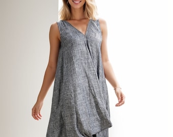 Asymmetrisches Leinenkleid, Graues Leinenkleid Frauen, Ärmelloses Kleid in Übergröße, Lässiges Midikleid, Kleid mit V-Ausschnitt, Kleid nach Maß, ylistyle C257