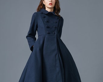 Double breasted Wool coat, blue wool coat, warm coat, winter coat, Womens coat, long wool coat, plated coat, handmade coat C1596