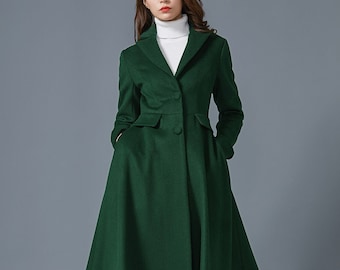 Dark green wool coat, Long wool coat, Warm winter coat, ladies coat, Womens wool coat, Wool coat with pockets, handmade coat, Ylistyle C1614