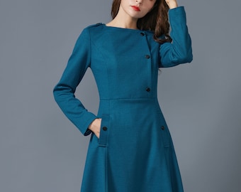 Blue wool dress, womens winter dress, womens dress, long wool dress, dress with pockets, wool warm dress, handmade dress C1612