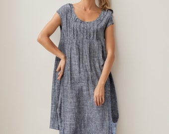 Gray Tunic dress, Linen dress, maternity dress, Midi Linen Women's Summer Dress with Cap Sleeve & Scoop Neck Mid-Length Plus Size Dress C886