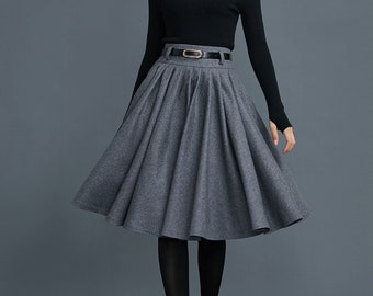 Knee Length Circle Wool Skirt for Women, Pleated Winter skirt, Skater skirt, Vintage Inspired Wool Midi Skirt with Pockets, Ylistyle C1660