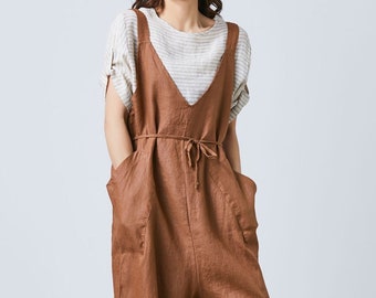 Baggy brown overalls, Summer linen harem overalls, oversized belted bib for women, wide leg linen overalls with deep pockets, ylistyle C1695