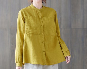 Camicia di lino oversize, camicia di lino classica, camicia di lino taglie forti, camicia di lino gialla, camicia di lino primaverile autunnale, camicia di lino lavato C1879