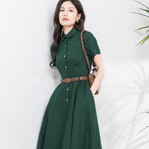 Green Linen shirt dress, Midi Linen Dress, Button Front Linen dress with pockets, Spring Swing Dress, Summer Outings dress, Ylistyle C4899