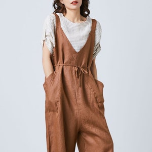 Baggy brown overalls, Summer linen harem overalls, oversized belted bib for women, wide leg linen overalls with deep pockets, ylistyle C1695