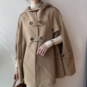 Wool cape coat, Hooded Poncho Cape wool Coat, Short Wool Jacket Cloak, brown Plus Size Winter Coat with Hood, Winter Poncho Coat H0041