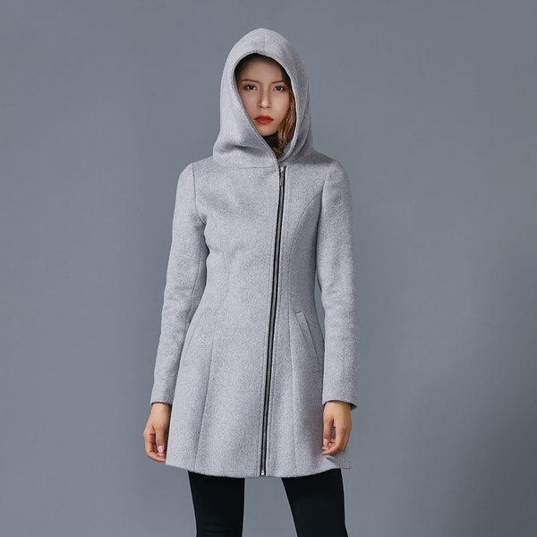 Hooded wool coat, Gray short coat, wool coat, Winter coat, simple wool coat, Asymmetrical wool coat with front zipper, handmade coat C1599