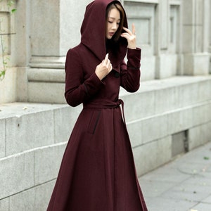 Hooded Wool coat, Maxi wool coat, Burgundy wool coat, Long Wool Coat women, Winter warm Coat, A-Line wool coat, Custom coat, Ylistyle C4506