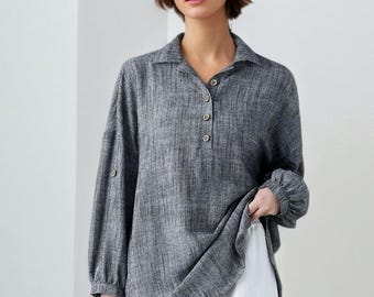 Linen blouse, Women's grey tops, Spring Linen Tops, Button tops, Shirt tops, Long sleeve linen top, Loose Linen Blouse, Handmade tops C3462