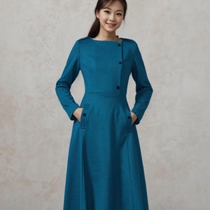 Blue wool dress, womens winter dress, womens dress, long wool dress, dress with pockets, wool warm dress, handmade dress C1612