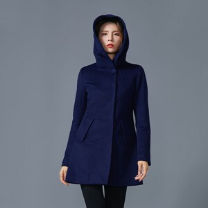 Navy blue coat, midi wool coat, coat with pockets, womens coat, wool coat with hood, handmade coat, winter coat C1600