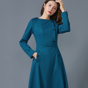 Blue wool dress, womens winter dress, womens dress, long wool dress, dress with pockets, wool warm dress, handmade dress C1612