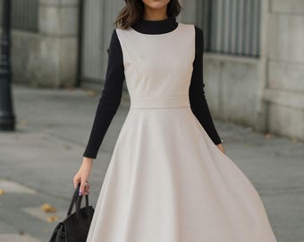 Beige Wool Blend Midi Dress with Pockets - Sleeveless A-Line Pinafore, Ylistyle C5193