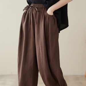 Brown linen pants women, Plus size pants, Elastic Waist pants, Loose fit pants with pockets, Spring pants, Mom Linen Pants, Ylistyle C3966