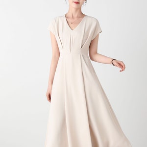 Summer Women&#39;s Midi Dress, Beige Long Dress, A Line Dress, Short Sleeve Dress, Summer V-neck Dress, Handmade work Dress, Ylistyle C3249