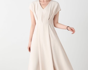 Summer Women's Midi Dress, Beige Long Dress, A Line Dress, Short Sleeve Dress, Summer V-neck Dress, Handmade work Dress, Ylistyle C3249