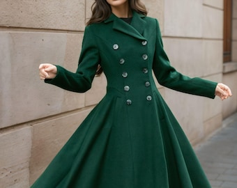 グリーンのロングウールコート、レディースウールコート、ヴィンテージ