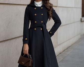 Marineblauwe militaire wollen trenchcoat, wollen jas met capuchon, lange wollen jas, double-breasted winterwollen jas dames, aangepaste jas, Ylistyle C4480