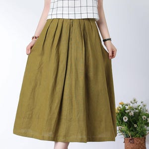 Khaki Skirt Linen Skirt Pleated Skirt Pocket Skirt Button