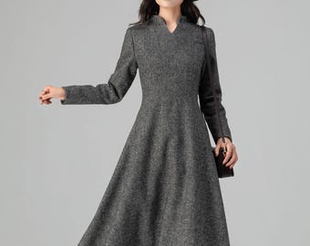 Minimalist Gray Wool Midi Dress: Women's Elegant A-Line Office Wear, Ylistyle C5204#