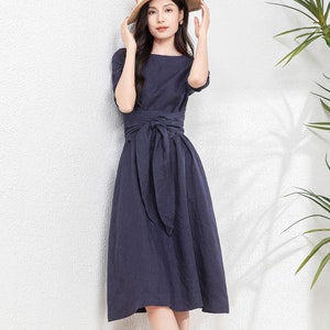 Linen midi dress, Women's Linen Dress with belted, Casual linen Dress with pockets, Spring Linen Dress, Custom dress, Ylistyle C4760