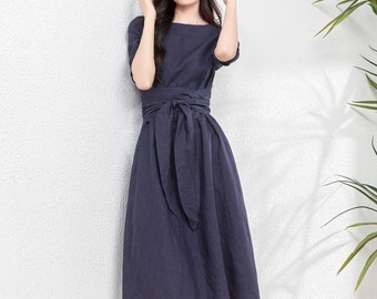 Linen midi dress, Women's Linen Dress with belted, Casual linen Dress with pockets, Spring Linen Dress, Custom dress, Ylistyle C4760