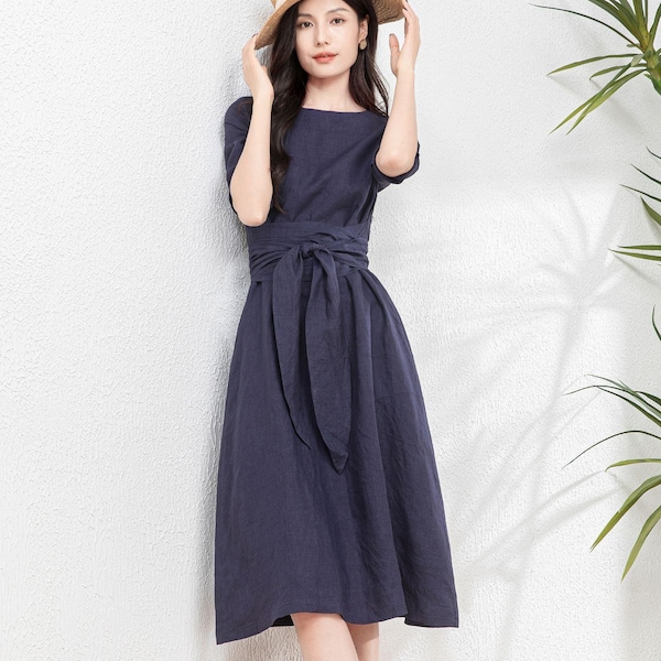 Linen midi dress, Women&#39;s Linen Dress with belted, Casual linen Dress with pockets, Spring Linen Dress, Custom dress, Ylistyle C4760
