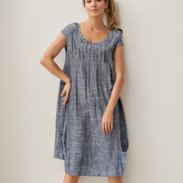 Gray Tunic dress, Linen dress, maternity dress, Midi Linen Women's Summer Dress with Cap Sleeve & Scoop Neck Mid-Length Plus Size Dress C886