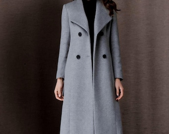 Long wool coat women, Gray Wool trench coat, Double breasted wool maxi coat, Winter coat women, Autumn winter outerwear, Ylistyle C1766
