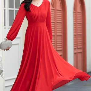 Bridesmaid dress, Long Red Chiffon dress, Women Swing Maxi Gown with Sleeves dress, Fit and flare dress, Custom dress, Ylistyle C5039