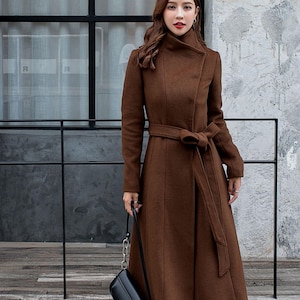 Wool Coat, Womens Long Coat, Brown Coat, Wrap Wool Coat, A