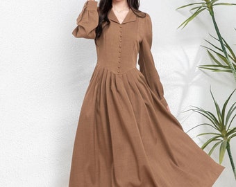 Vintage Inspired Midi Shirt Dress: Pleated Long Sleeve Polyester Dress, Button up, Ylistyle C4759